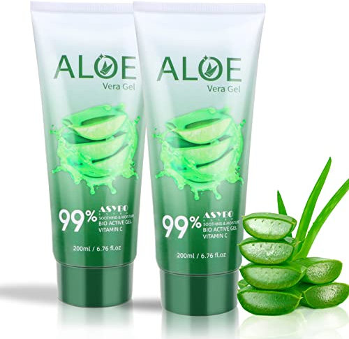 ASYBO 200 ML Aloe Vera Gel – 99% Organic Pure Aloe Vera Hydrating Face & Body Moisturizer, Natural Aloe Cream for Dry Skin, Sunburn, Acne, Soothing & Moisturizing (2 Pack)