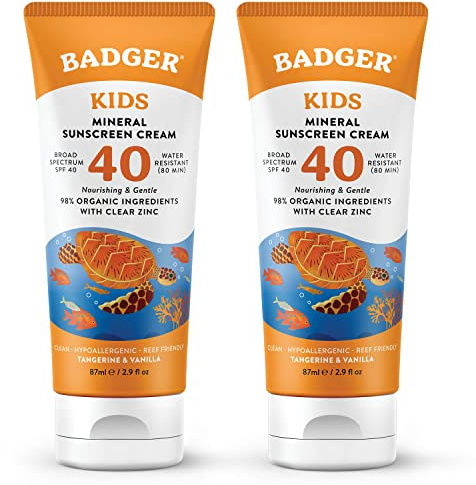 Badger Kids Mineral Sunscreen Cream SPF 40, 98% Organic Ingredients, Zinc Oxide Sunscreen for Kids Face & Body, Water Resistant, Reef Friendly, Hawaii Approved Sunblock, 2.9 fl oz, 2-Pack