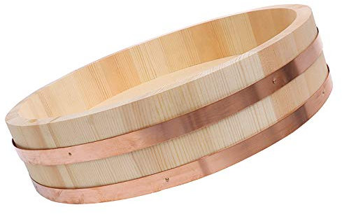 Japanese Wooden Sushi Rice Bowl Hangiri Oke Sushi Rice Mixing Bowl Tub Sushi Oke Copper Bands for Sushi Restaurant Kitchen(Large Size),60x16cm