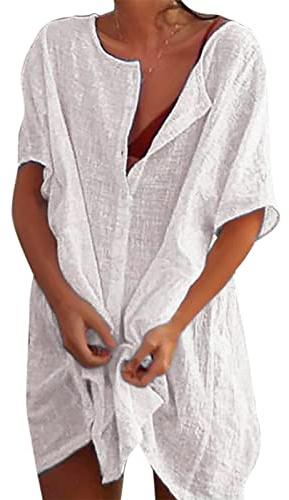 RITOSTA Camisas Mujer Largos Vestido Playa Verano Camisa Suelta de Bikini Cover Up Traje de Playa para Mujer Vestido de Playa Casual Blusa Camisolas Playeras Suelto Pareos Color Sólido (Blanco,S)