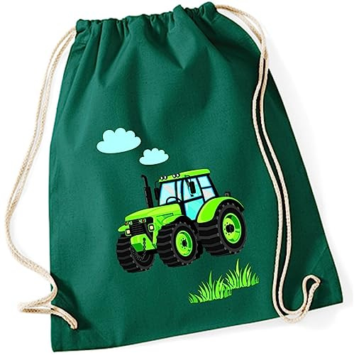 minimutz Turnbeutel Kinder Jungen aus Baumwolle | Motiv Traktor Bulldog mit Wolken & Gras | Schuhbeutel Sportbeutel zum Zuziehen mit Kordel 37cm x 46cm