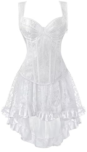 Jutrisujo Korsett Kleider Rock Tutu Corset Dress Damen Korsagenkleid Corsagen Straps Schnüren Elegant Vintage Brautkleid Weiß S