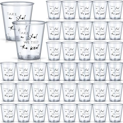 Domensi 200 Pcs Shot Glasses 2 Oz Take a Shot We Tied the Knot,Black | Clear Plastic Disposable Cups, Bulk Wedding Favors for Bridal Showers, Engagement Parties, Celebration Drinkware