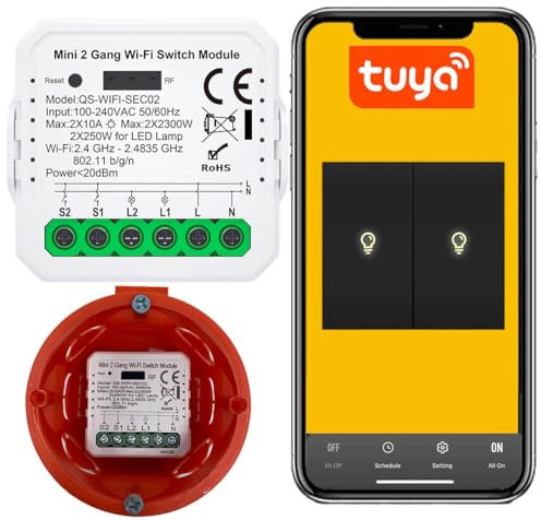 Sone Smart One WLAN Lichtschalter Unterputz – Alexa WiFi Schalter 39x39x18mm – 2x2300W/10A – Kompatibel mit Tuya, Smart Life, Google Home – Smart Home Schalter mit Timer & Szenenfunktion