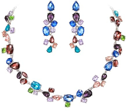 Clearine Set di gioielli con collana e orecchini a goccia con strass ovali e cluster per donne, ragazze, costume da festa, sfilata, fucsia/champagne color oro, cristallo