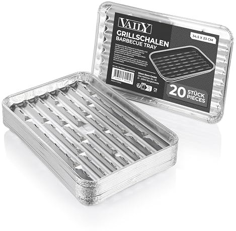 Vaily Juego de 20 bandejas de aluminio para barbacoa, accesorios para barbacoa, camping y cocina, bandeja de aluminio para menos grasa y suciedad, 32,5 x 22 cm