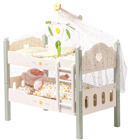ROBOTIME Lit superposé en bois pour poupée avec échelle et literie, pour berceau de poupée empilable de 45,7 cm, accessoire de poupée parfait, cadeau pour enfants, vert