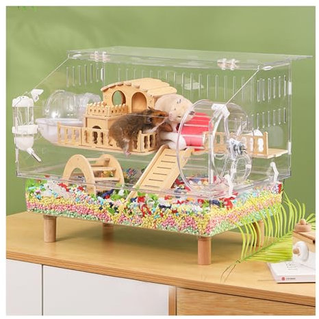 JETXYHUB Kompakter Hamsterkäfig Aus Acryl, Hamsterkäfig Mit Zwei Ebenen, Belüfteter Mehrstöckiger Lebensraum Mit Interaktivem Transparentem Dach, Mit Laufrad Und Zubehör, Leicht Zu Reinigen(Clear,B)
