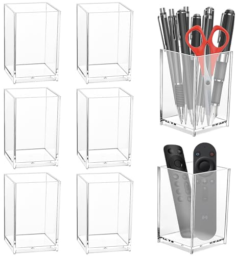 Akamino Acrylic Pen Pot, 6.5 x 6.5 x 10 cm Square Pen Pencil Holder,8 PCS | Transparent Desktop Stationery Makeup Brush Storage Organizer Clear Pen Cup for Office School Home