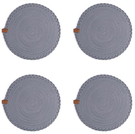 Darido 4er-Set Graue Tischsets, 32cm, Gewebte Baumwolle, Abwaschbar, Hitzebeständig, Handgefertigte Tischdeko für Weihnachten und Heimtextilien