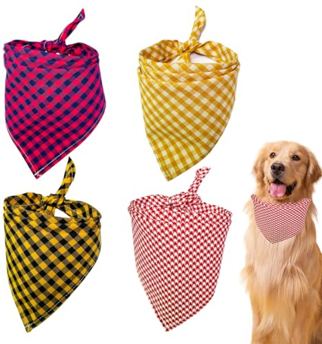 Bandana cane, 4 pezzi bandana per cani, Accessori cane, Vestibilità regolabile Bavaglino per Cani, Bandana in cotone a scacchi per cani piccoli, medi e grandi per cani di piccola taglia Media
