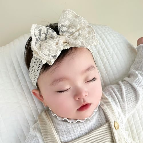 Rannyrena Lace White Bow-knot Baby Girls Headband Birthday Shower Infant Wrap Elastic Flower Baby Turban Hairband for Newborn Infant Toddler Kids (Ivory A, Elastic)