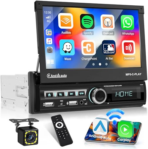 Inefala Autoradio 1 DIN con Wireless CarPlay Android Auto 7 Pulgadas Pantalla Táctil Retráctil Automática Radio de Coche Bluetooth Soporte de Vídeo en línea con FM/RDS Mirror Link Retrocámara Mic
