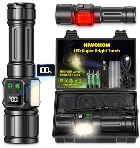 NIWOHOM Torcia Led Potente Professionale, 500000 Lumens Torcia Ricaricabile 9 Modalità, Display LCD, IP67 Torce LED Alta Potenza Ricaricabili Per Campeggio Trekking Emergenza
