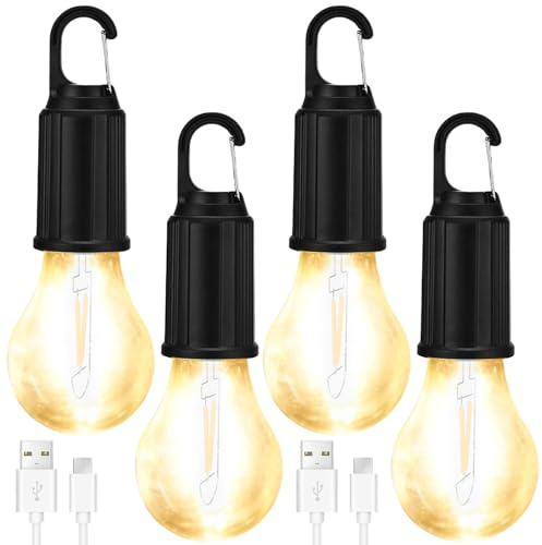 Vaileal Lampada da Campeggio Ricaricabile: 4 Pezzi Lampada LED Portatile, Faro Ricaricabile con Gancio, Lampada da Tenda Impermeabile per Campeggio, Interruzioni di Corrente