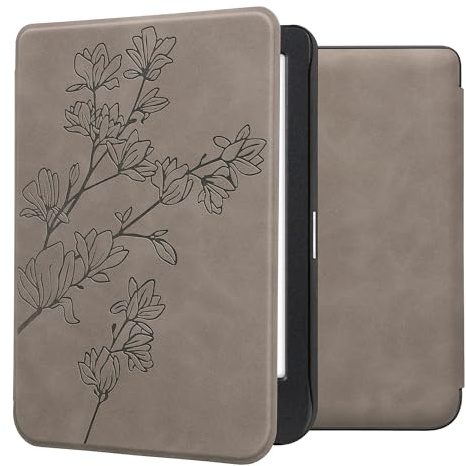 kwmobile Schutzhülle für Kobo Clara BW/Clara Colour/Tolino Shine (5) / Shine Color Hülle - eReader Case aus Kunstleder mit Auto Sleep Funktion - Magnolien mit Grau