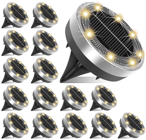 Klein Solar Bodenleuchten Aussen, 16 Stück 8 LED Mini Solarleuchten für Außen, Solarlampen für Außen, Led Solar Gartenleuchten, Warmweiß, IP65 Wasserdicht, Edelstahl, Geeignet für Rasen, Gehweg