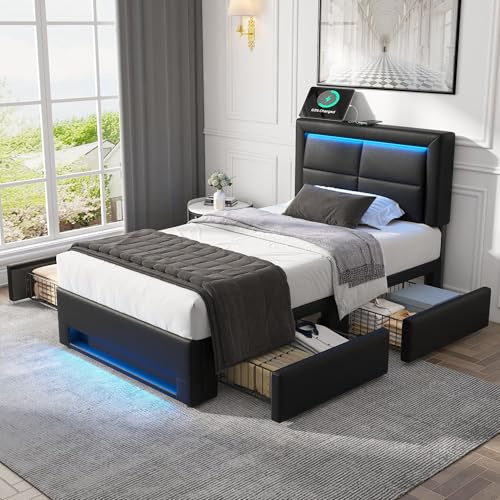 Gxffipw Einzelbett Polsterbett 90x200 cm mit USB Anschluss und LED, Bett mit 4 Schubladen Stauraum, Jugendbett Stauraumbett Bettgestell mit Lattenrost und Kopfteil, PU, Schwarz, Ohne Matratze