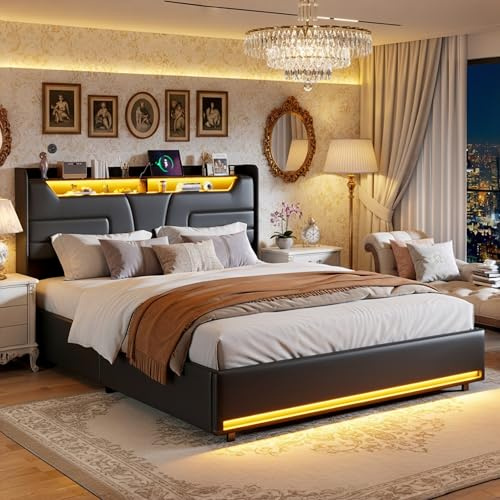 JYCRA Bett mit Bettkasten, 140 x 200 cm mit Boxspringbett, Doppelbett mit LED, hydraulische Aufbewahrung, Aufbewahrung und Kopfteil, PU, ohne Matratze (140 x 200 cm, schwarz, PU B)