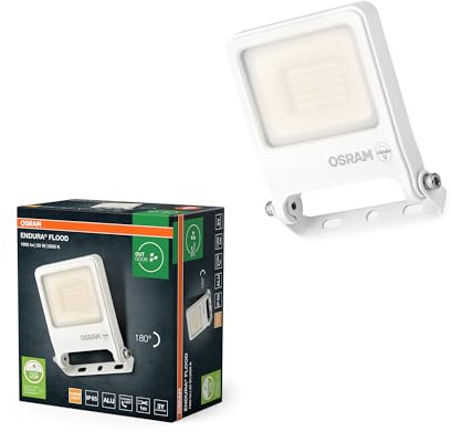 OSRAM ENDURA FLOOD PC 20W LED-strålkastare, 3000K varmvit, 1800 lumen, IP65-strålkastare i vitt, återvunnen aluminium, 180° vridbart fäste, vit