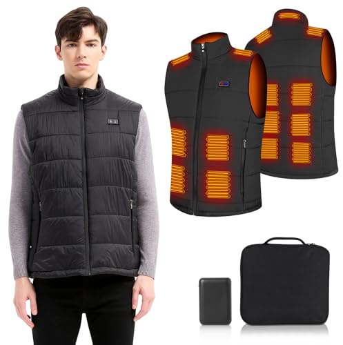 Amiable Gilet Chauffant, Veste Chauffante Homme, 15 Zones, Gilet Chauffant Homme avec batterie USB 10000mAh, Veste Moto avec 3 Températures, Doudoune Chauffante pour Ski Pêche Camping(S)