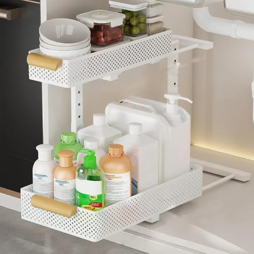 Under Sink Storage Kitchen Organiser, 2 Tier Pull Out Kitchen Sliding Basket, Metal Under Sink Cabinet Organiser with Sliding Storage Drawer, Pull Out Undersink Rack for Bathroom Cupboard -Whit