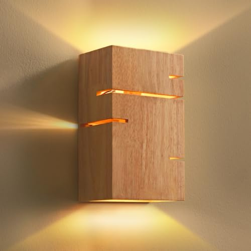 Wandleuchte Innen Holz, E27 Vintage Wandlampe 2-Flammig Warmweiß, Quadrat | Up and Down Leuchten Design, Retro Wandleuchten Boho Holz Flurlampen, Dekoration Wandbeleuchtung für Wohnzimmer Schlafzimmer