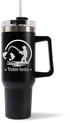 Mug Isotherme 1,2L - Activité avec Prénom Personnalisable – Bouteille avec Anse, Paille et Couvercle – Sport Passion Idée Cadeau Personnalisé Gourde (Noir, Pêche)