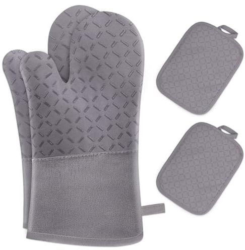 Set di 4 Guanti da Forno e Presine da Cucina - MILcea Guanti Forno Alta Temperatura Fino a 300°C, Silicone Antiscivolo, Morbido, Guanto da Forno Estesi per Cucinare, Grigliare, Cuocere, Grigio