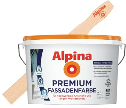 Alpina Premium Fassadenfarbe 2,5 Liter Weiß matt – hochwertige Außenfarbe für erstklassigen Wetterschutz – inkl. gratis Rührholz