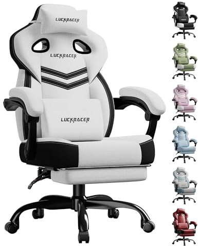 LUCKRACER Gaming Stuhl Stoff, Bürostuhl mit verbundenen Armlehnen, Memory-Schaum-Kissen, 90–155° Neigungswinkel und Fußstütze, strapazierfähigem Funktionsgewebe, Weiß