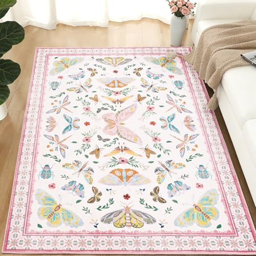 Alishomtll Rosa Vintage Teppich, Schmetterling & Insekt Teppich 120x160 cm | Rutschfest Waschbar Küchenteppich, Weich Kurzflor Flurläufer für Wohnzimmer Schlafzimmer Kinderzimmer Mädchenzimmer Eingang
