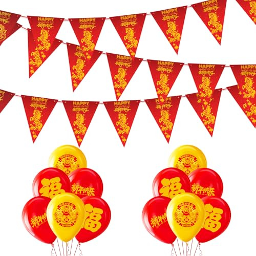 Chinese New Year Decorations Sets, 20 Flag Chinese New Year Bunting Banner with 12Pcs Chinese New Year's Balloons, 2026 Spring Festival Party Decor