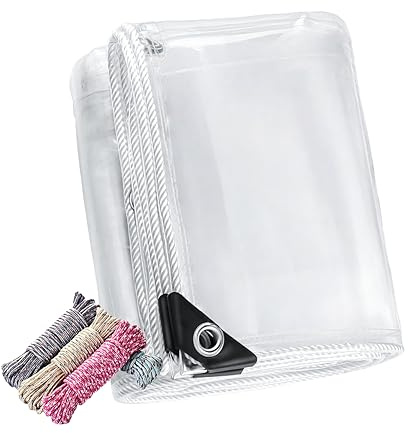 Lona Impermeable con Ojales 240 x 260 cm Prueba de Rasgaduras Lona de PVC Resistente Mejorada Transparente UV Best Ndig para Rain Flower Plant Hojas Cubiertas, Color Transparente