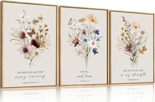 BINCUE 3 Stück Boho Bibelvers Wandkunst Christliche Wandbilder,Bibelversen und religiösen Wildblumen Bilder,Christlich Poster Moderne Wandbild für Wohnzimmer Schlafzimmer Bild,30×40cm