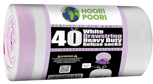 HooriPoori 45L litre 40 Drawstring Bin Bags Heavy Duty Swing Bin Liners Black Plastic Refuse Sacks tie top handle large Waste Dustbin Bags for Kitchen Home Office DIY Garden From Recycled Material