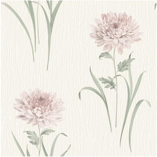 YöL Textured Floral Wallpaper Blush Pink Chrysanthemum Blooms On Cream Background with Sage Green Stems Classic Feature Wall for Bedroom Nursery Living Room Heavyweight Vinyl