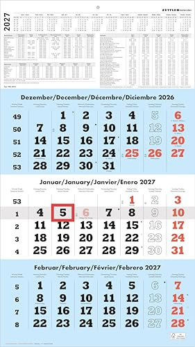 3-Monatskalender blau 2027: Wandkalender 33x59 cm mit 3 Monaten pro Blatt, Datumschieber, Wochenzählung, Feiertagen & Ferien ideal für Büro & Homeoffice | Wandkalender 33x59 cm mit 3 Monaten pro Blatt, Datumschieber, Wochenzählung, Feiertagen & Ferien ideal für Büro & Homeoffice