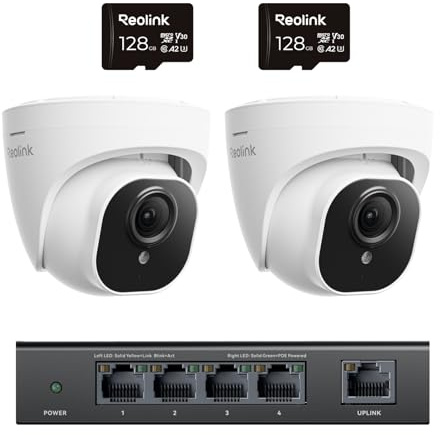 Reolink 2-Pack RLC-520A 5MP PoE Security Cameras + 2×128GB SD Cards + RLA-PS1E 4+1-Port PoE Switch – Person/Vehicle Detection, IP67, 30m Night Vision
