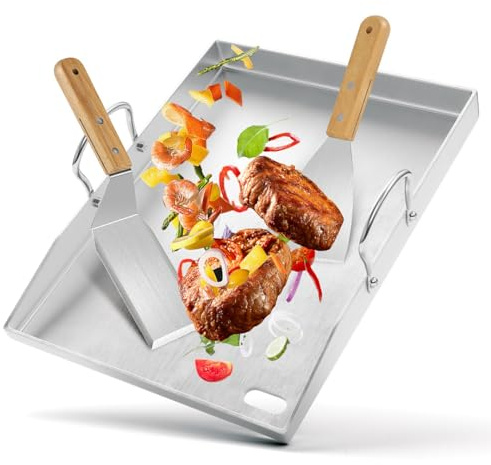 Monucep Plancha Plaque de cuisson 4 mm 40 x 30 cm avec gouttière à graisse et bord haut + 2 spatules pour barbecue à gaz et au charbon de bois, pour hamburger Smash