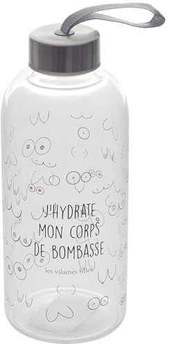 La Chaise Longue Gourde en Verre J'hydrate Mon - Blanc Noir Transparent | Verre borosilicate, acier inoxydable, PP, silicone, usage quotidien, bureau, sport, 19 x 7.8 cm, poids 290g