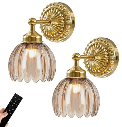 Vintage Battery Rechargeable Wall Lights Set of 2, Amber Tulip Glass Shade | No-Electrician, 5mm-Thick Tulip Glass Shade, 5200mAh Battery, Stepless Dimming, Remote Control, Timer, USB-C Charging, Indoor