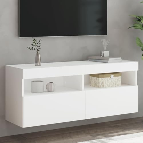 Tonture Meuble TV Mural Blanc en Bois d'ingénierie 100x30x40 cm avec lumières LED RGB, Espace de Rangement, Design Suspendu Moderne pour Salon, Chambre et Espace multimédia