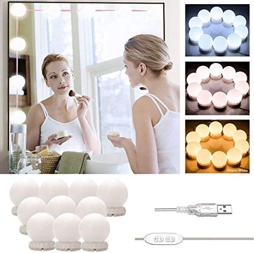Lumière de Miroir, Hollywood Kit de Lumière LED, 10 Ampoules Lampes de Maquillage Guirlande, USB Coiffeuse Lampe de Cosmétique avec 10 Marches Luminosité & 3 Modes (Miroir Non Inclus & Adaptateur)