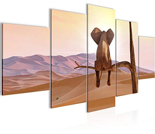 Runa Art Bild Wohnzimmer Schlafzimmer Elefant Auf Baum 5 Teilig Sonnenuntergang Beige Wandbilder auf Vlies Leinwand 002053a