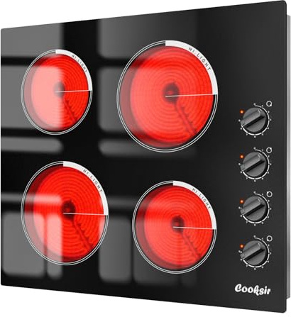 Cooksir Electric Cooktop 24 Inch - 4 Burner Built-in Electric Stove Top 6000W, Radiant Electrical Stovetop with 9 Heating Level, Knob Control, Auto Shut Off Protection, 220-240V Hard Wired (No Plug)