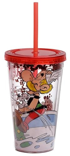 Puckator Asterix 500ml Double Walled Reusable Cup with Straw and Lid - Insulated Tumbler - Cups with Lids and Straws for Adults Children - Travel Thermal Cup with Straw - Water Bottles with Staw