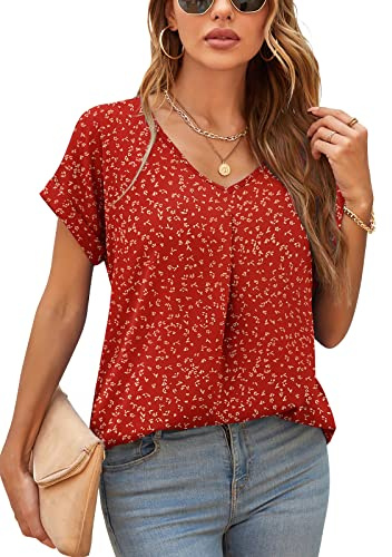 Yommay Blouses For Womens V Neck Ladies Tops Summer Chiffon Blouses Tops Short Sleeve Casual T Shirts(Flower Wine Red,X-Large)