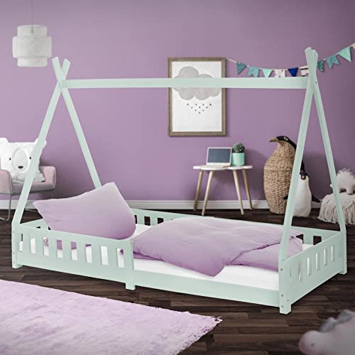 ML-Design Barnsäng Tipi 90x200 cm Mintgrön med Fallskydd och Lamellstomme Indisk Säng av Massivt Trä Furu För Flickor och Pojkar Hus med Staket Barnhus Ungdomssäng Lek Tält