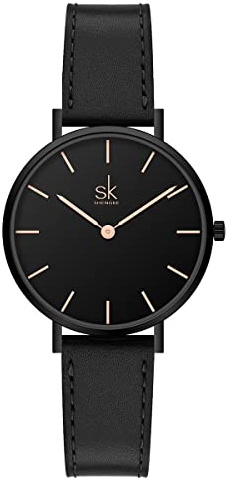 SHENGKE SK Ultratunn minialist damklockor enkla två händer damklänning klocka läderrem, Svart, japansk